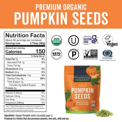 Miniatura 2 de Viva Naturals Semillas de calabaza orgánicas, 2 libras (32 onzas, 907 g) – Despeladas, sin tostar, sin sal, sin transgénicos, veganas, buena fuente