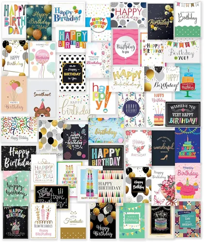 Surtido de 50 tarjetas de feliz cumpleaños únicas grandes de 5 x 7 pulgadas con 25 sobres blancos y 25 marrones, calcomanías y felicitación genérica