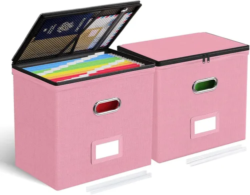 Miniatura 30 de Oterri Paquete de 2 cajas organizadoras de archivos con tapas, caja de archivos con bolsillos de malla, caja organizadora de documentos para Verde