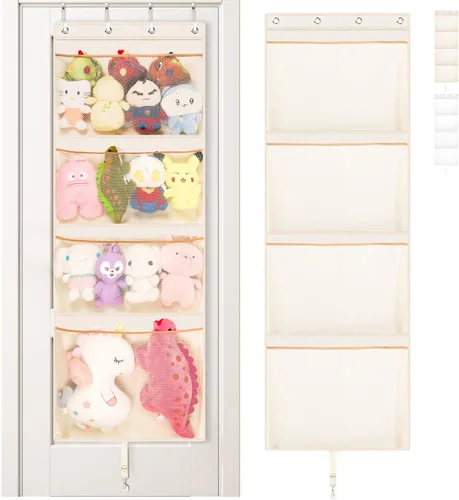 Miniatura 7 de Almacenamiento de animales de peluche sobre la puerta, organizador de juguetes de malla colgante de 65 pulgadas con varillas de apoyo y 4 bolsillos