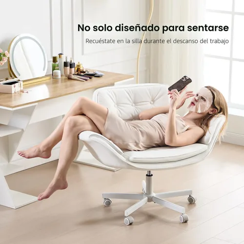 Miniatura 6 de amseatec Silla Criss Cross con reposabrazos y ruedas, silla de tocador de cuero PU, silla giratoria cómoda y ajustable para escritorio de Blanco