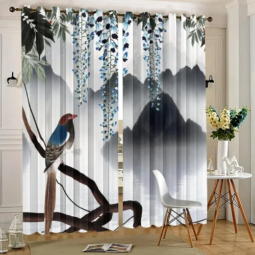 Miniatura 5 de Cortinas opacas para oscurecer la habitación con ojales, diseño de flores japonesas con ojales, arte retro de primavera y ramas florales, arte