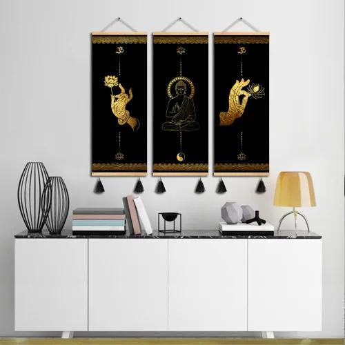 Miniatura 5 de MBOUFOEY 3 piezas de budismo Zen Art Buddha gestos de mano en lienzo dorado y negro lienzo para pared, póster de madera con marco de desplazamiento