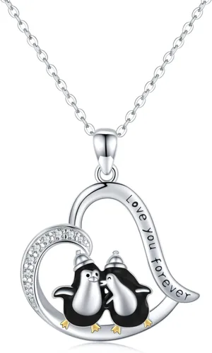 lotus & leaf Penguin Necklace Sterling Silver HeartMoon Pendant Necklace Penguin Gifts for Women Girls