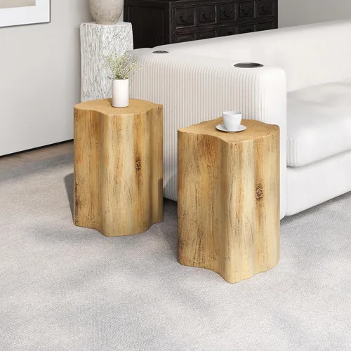 Miniatura 17 de Juego de 2 mesas auxiliares anidables para sala de estar, juego de mesa auxiliar redonda moderno, mesa auxiliar circular de madera y muebles Negro