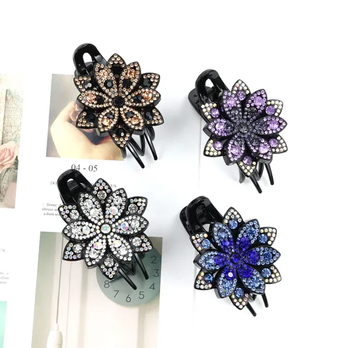 Miniatura 5 de inSowni Juego de 4 Pinzas para el pelo de lujo con brillos de fantasía, cristales brillantes, decorativas, de plástico, con flores, clips de garra