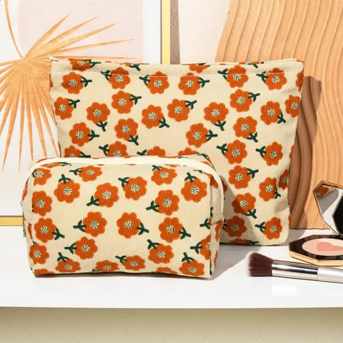 Miniatura 5 de SOIDRAM 2 piezas de bolsa de maquillaje con flores, gran bolsa de cosméticos de corduroy de gran capacidad, bolsa de lona mixta, bolsa de viaje