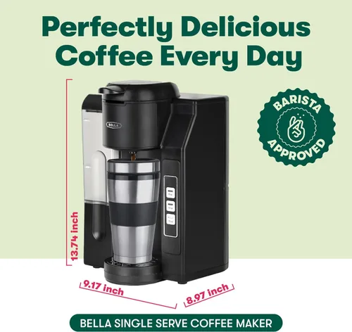 Miniatura 2 de BELLA Cafetera de una porción, doble preparación, compatible con K-cup - Elaborador de café molido con tanque de agua extraíble y bandeja de goteo