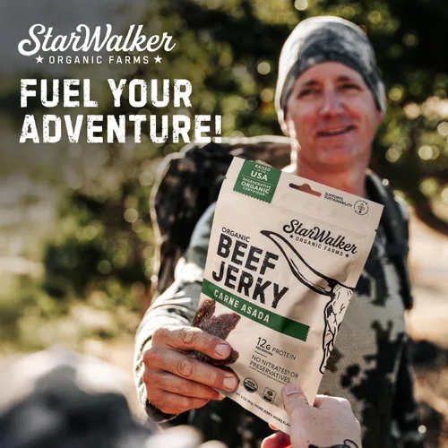 Miniatura 7 de StarWalker Organic Farms Carne Asada Beef Jerky – Certificada Orgánica, 36g de Proteína, Sin Nitratos ni Conservantes, Alimentada con Pasto, Bolsa