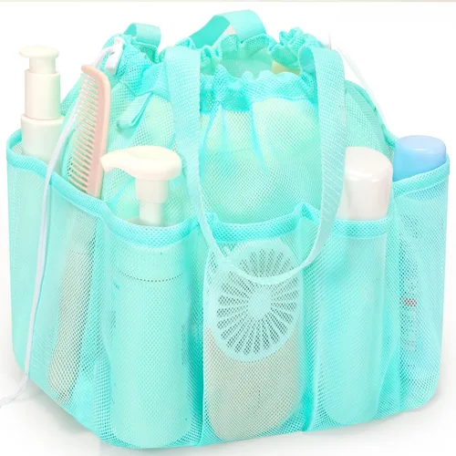 famichan Organizador de ducha de malla portátil, esencial para dormitorio universitario, niñas y chicos, bolsa de ducha azul de gran capacidad para