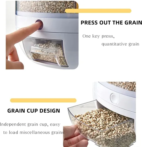 Miniatura 5 de DYRABREST Dispensador de arroz, dispensador de cereales giratorio de 360°, dispensador de almacenamiento de granos multigrano redondo de 6 rejillas