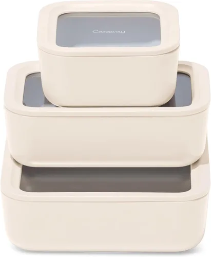 Caraway - Juego de 3 recipientes de vidrio, almacenamiento de alimentos, 10/6.6 /4.4 tazas, revestimiento de cerámica, no tóxico, antiadherente con