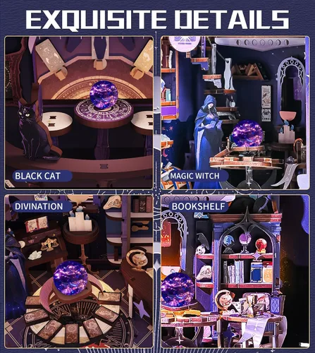 Miniatura 3 de Spilay Kits de rincón de libros para adultos, Luna Tarot Book Rook con luz LED y cubierta antipolvo, rompecabezas de madera 3D, kit de casa