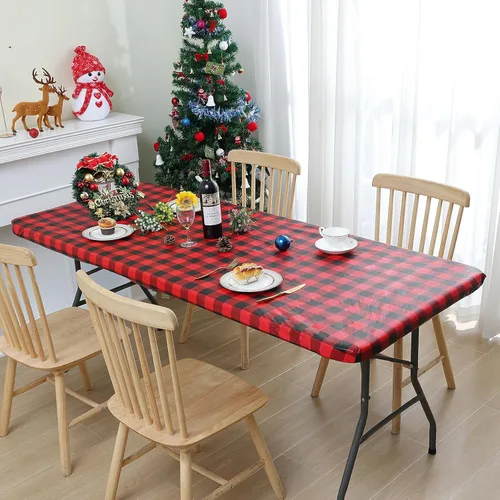 Miniatura 112 de Smiry Mantel cuadrado de pícnic, manteles de vinilo elásticos impermeables, fundas de mesa de lana cuadriculada con parte trasera de franela