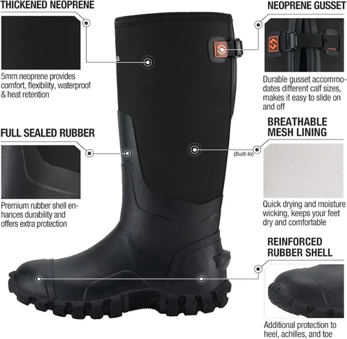 Miniatura 2 de HISEA Botas de lluvia mejoradas para hombre, impermeables, aisladas, de goma, botas de caza de barro, pantorrilla ajustable