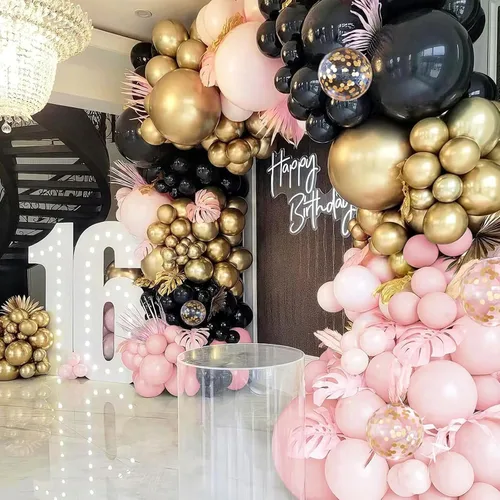 Miniatura 6 de Kit de arco de globos de color negro, rosa y dorado, 134 piezas de 18/12/10/5 pulgadas, guirnalda de globos dorados de chorme negro pastel rosa