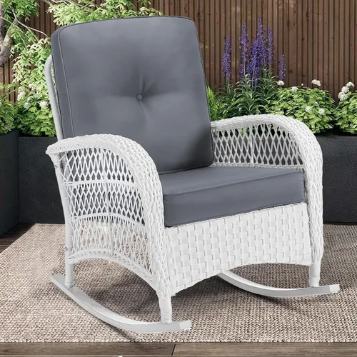 Miniatura 16 de MEETWARM Mecedora de mimbre para exteriores, sillas mecedoras de ratán para patio con cojines y respaldo alto, silla de mimbre para patio para todo