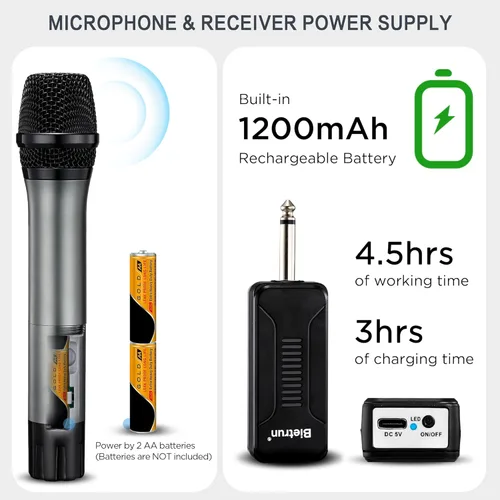 Miniatura 5 de Bietrun - Micrófono inalámbrico solo para entrada de micrófono, micrófono de mano dinámico de metal UHF multiusos con receptor recargable