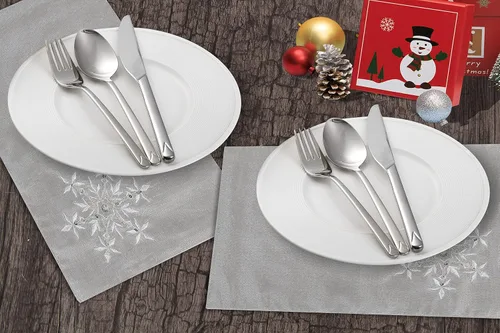 Miniatura 7 de OWENIE Juego de 4 manteles individuales de mesa de Navidad, manteles individuales plateados con bordado de lentejuelas, manteles individuales grises