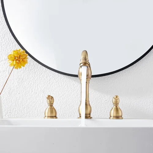 Miniatura 5 de Grifo de 2 manijas para lavabo de tres agujeros, grifo de lavabo de baño extendido, grifo mezclador, manguera de suministro incluida, desagüe Latón