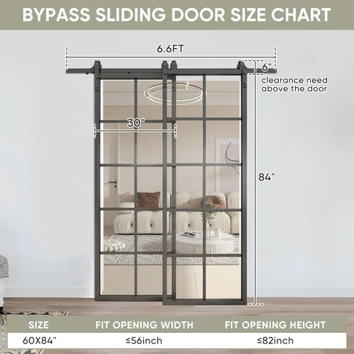 Miniatura 3 de JUBEST Bypass - Puerta de granero de doble vidrio de 60 x 84 pulgadas con kit de herrajes de 6.6 pies, 2 juegos de 30 x 84 pulgadas, marco