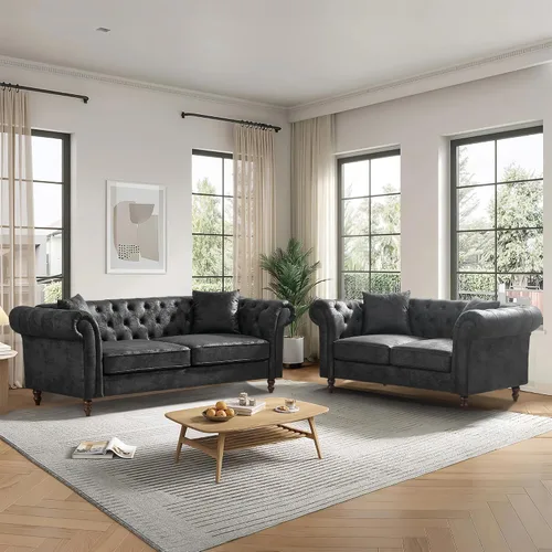 Miniatura 11 de Chesterfield Tech - Sofá biplaza de tela de 66 pulgadas, tapizado de tela de alta tecnología, con brazos enrollados, moderno de mediados de siglo