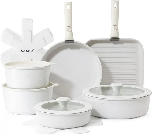 SENSARTE Juego de ollas y sartenes de 17 piezas, antiadherentes con mango desmontable, juego de utensilios de cocina de inducción con mango Blanco