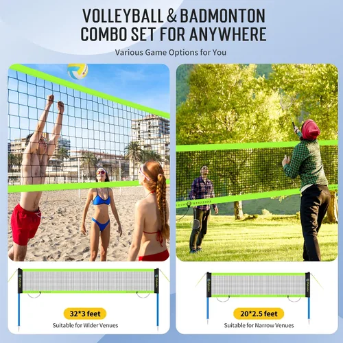 Miniatura 7 de Juego de red portátil de voleibol y bádminton para patio trasero y playa con 2 redes (20 pies y 32 pies), postes ajustables, voleibol
