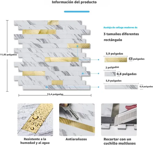 Miniatura 4 de Art3d - Azulejos despega y pega de 10 hojas para salpicadero de cocina, baño, chimenea y lavandería en color pizarra blanca con tachuelas doradas
