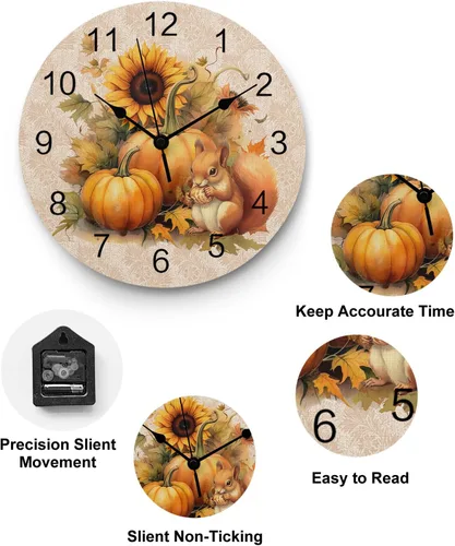 Miniatura 3 de Reloj de pared silencioso de PVC de 10 pulgadas, redondo, con girasol, calabaza, otoño, Acción de Gracias, reloj colgante para cocina, sin tictac