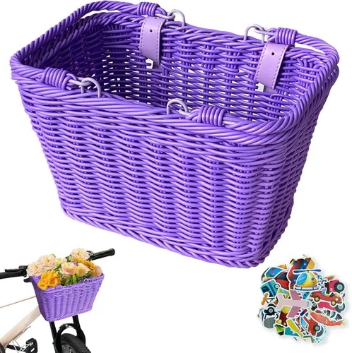 Miniatura 10 de Cesta de bicicleta para niños y niñas, cesta de scooter para niños, bonita cesta cuadrada de mimbre para niños y niñas, manillar desmontable con Azul