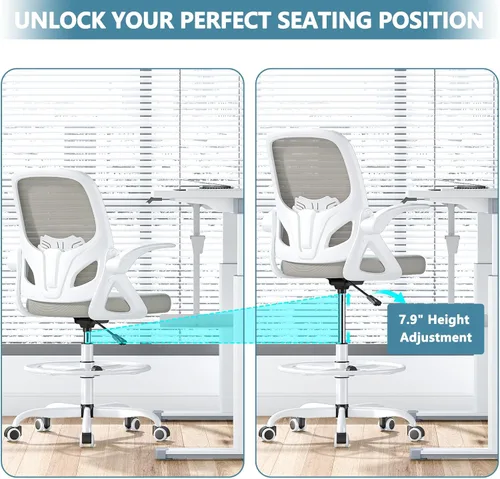 Miniatura 5 de Kensaker Silla de redacción alta, silla de escritorio ergonómica de pie con anillo ajustable para el pie y reposabrazos abatibles, silla de Gris