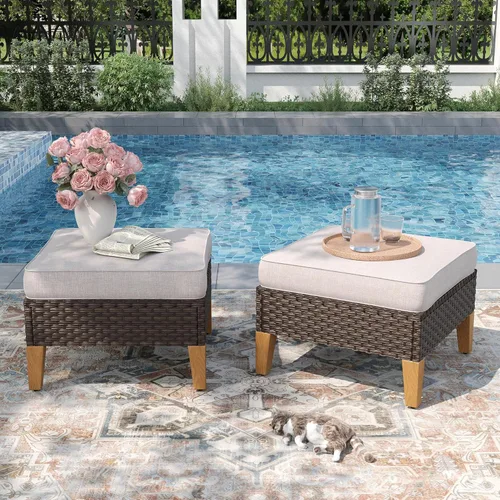 Miniatura 24 de PHI VILLA Otomana de mimbre para patio, 2 piezas, asiento otomano de mimbre para todo tipo de clima, reposapiés para exteriores con cojines