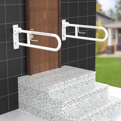 Miniatura 6 de Munzong - Barra de agarre para inodoro en forma de U de 32 pulgadas, riel de soporte antideslizante blanco, barra de agarre abatible para baño