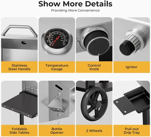 Miniatura 5 de Electactic Parrilla de gas propano de 2 quemadores, parrilla de barbacoa de acero inoxidable de 16,000 BTU con mesas laterales plegables, diseño