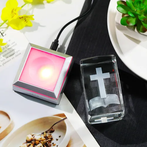 Miniatura 4 de YWHL Figura de Cruz de Cristal 3D con Base de Luz Colorida, Grabada Láser, Regalos Religiosos Bíblicos para Mujeres y Hombres, Decoración Cristiana
