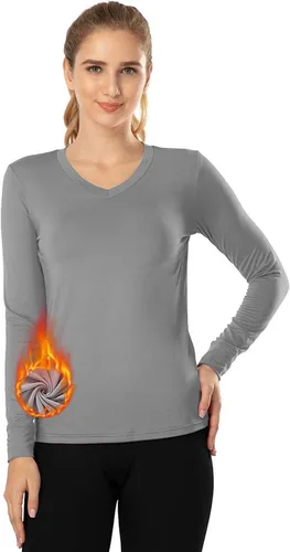 Miniatura 6 de MANCYFIT Tops térmicos para mujer, camisa con forro polar, manga larga, capa base, cuello en V