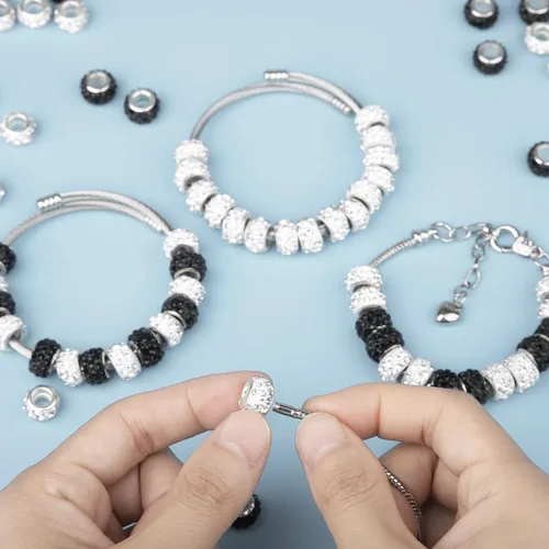 Miniatura 4 de 200 Piezas Cuentas Europeas de Agujero Grande Espaciadoras de Diamantes de Imitación Negro Blanco Lampwork para Manualidades de Bricolaje, Dijes
