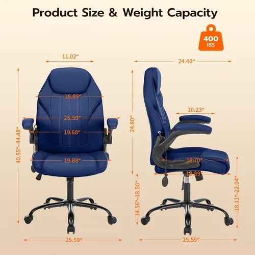 Miniatura 2 de Silla de Escritorio de Oficina, Silla Ergonómica para Computadora con Brazos Abatibles Acolchados y Soporte Lumbar Ajustable, Silla Ejecutiva de Azul