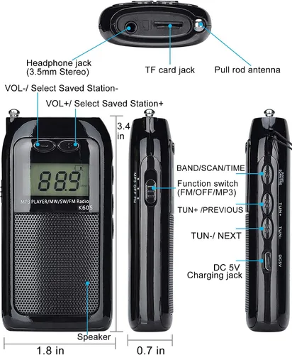 Miniatura 6 de Radio portátil FM AM de onda corta con altavoz y retroiluminación, reproductor de MP3 compatible con tarjeta TF, radios de bolsillo estéreo