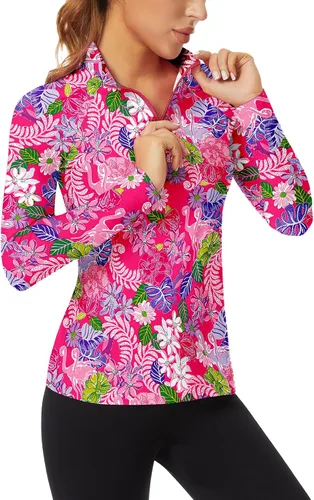 Miniatura 41 de WOWENY Camiseta deportiva de manga larga para mujer, con cremallera de un cuarto, cuello para entrenamiento, camiseta de tenis con estampado