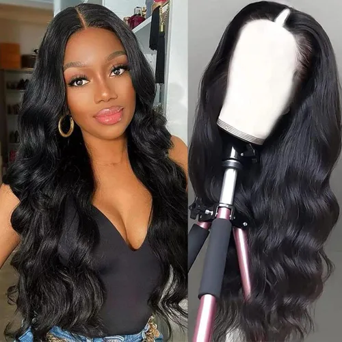 Miniatura 24 de Pelucas con camino en V ondulada de cabello humano virgen brasileño para mujeres negras; mejora de pelucas con camino en U, sin pegamento, con clip