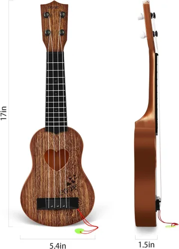 Miniatura 4 de YEZI - Ukelele clásico de juguete para niños, tipo guitarra, instrumento musical, marrón Castaño