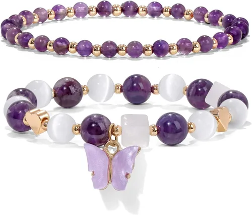 GolbalJew Pulsera de amatista para mujer, pulseras de cuentas de amatista para la ansiedad, dijes de mariposa, piedra curativa en capas, regalos
