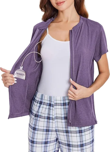 Miniatura 19 de Deyeek Camisas de mastectomía con bolsillos de drenaje Tops post cirugía de hombro para mujeres con puerto de quimio manga corta con cremalleras