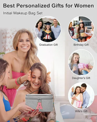 Miniatura 6 de Juego de bolsas de maquillaje con iniciales para niñas y mujeres, bolsa de cosméticos con monograma con soporte para cepillos, estuche de maquillaje
