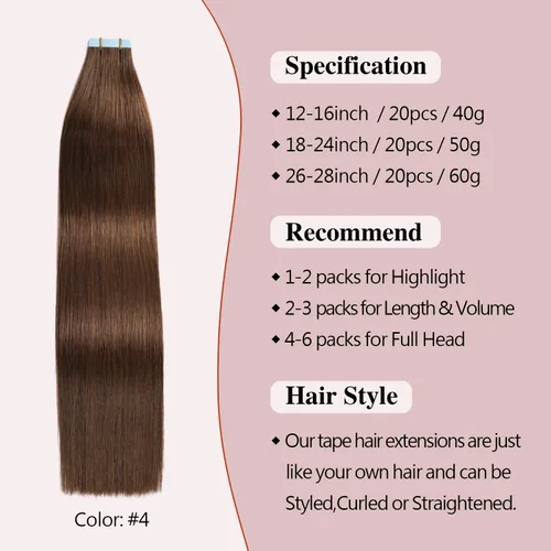 Miniatura 2 de Sunya Extensiones de cabello humano con cinta adhesiva, color marrón chocolate, 12 pulgadas, extensiones de cabello lacio, sin costuras, trama