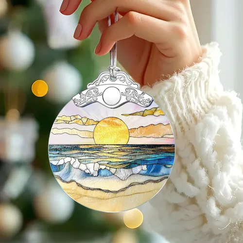 Miniatura 2 de Adorno de Vidrio Manchado de Puesta de Sol en la Playa, Adorno Navideño – Decoración de Árbol de Navidad, Decoración Festiva, Relleno de Calceti