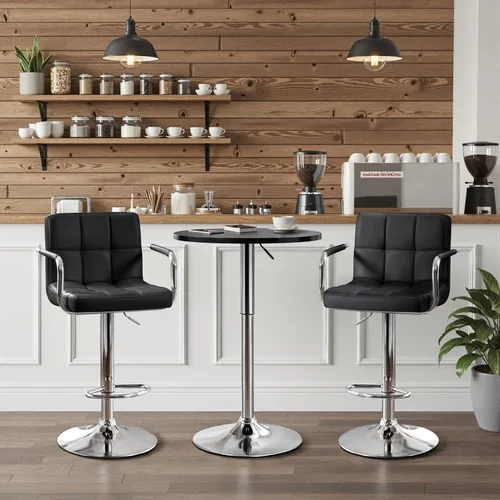 Miniatura 3 de Yaheetech Mesa redonda de bar de 3 piezas y sillas giratorias ajustables de piel sintética, juego de mesa moderno de altura de mostrador con 2 Negro