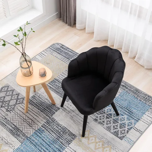 Miniatura 8 de Juego de 2 sillas de comedor de terciopelo modernas con respaldo de pétalos y patas de madera, cómodas sillas laterales tapizadas para comedor, Negro